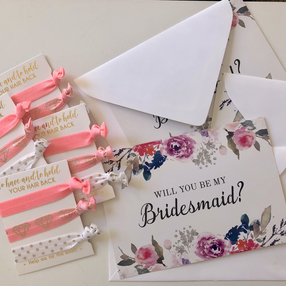 3 pack bridesmaid bundle - floral ask cards and 4 pack hair tie gift for wedding